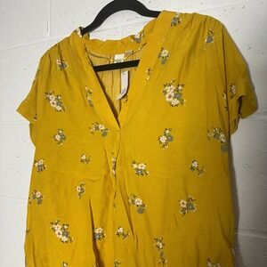 GAP Womens Mustard Yellow Floral V-Neck Short Sleeve High-Low Blouse Small NWT